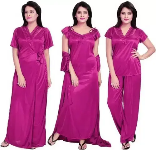 4060 Satin Nighty Pack of 4 Piece with top Pajama Gown and Upper