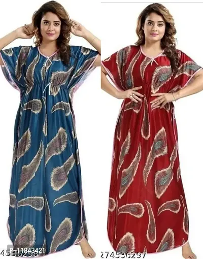 Multicoloured Satin Printed Nightwear For Women-thumb0