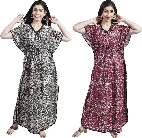 Elegant Satin Printed Kaftan Nighty For Women Pack Of 2