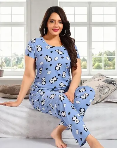 New Arrivals Satin Printed Panda Night Suit For Women