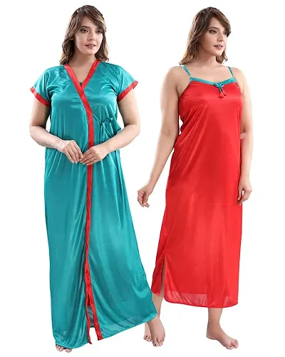 Fancy Solid 2-IN-1 Satin Night Gown With Robe