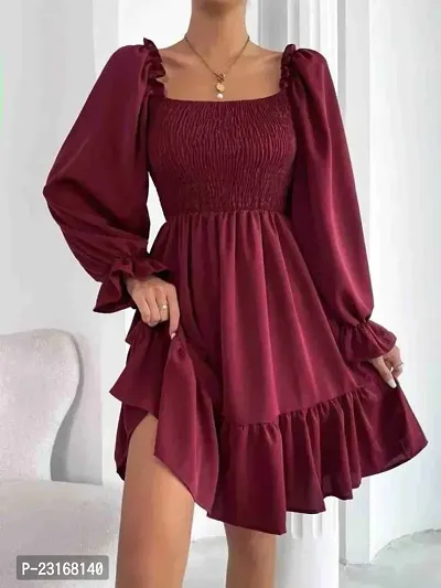 Stylish Maroon Crepe Solid Fit And Flare Dress For Women-thumb0