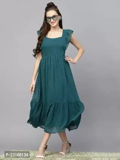 Stylish Green Georgette Solid Fit And Flare Dress For Women-thumb0