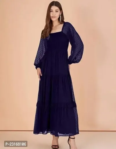 Stylish Navy Blue Georgette Solid Fit And Flare Dress For Women