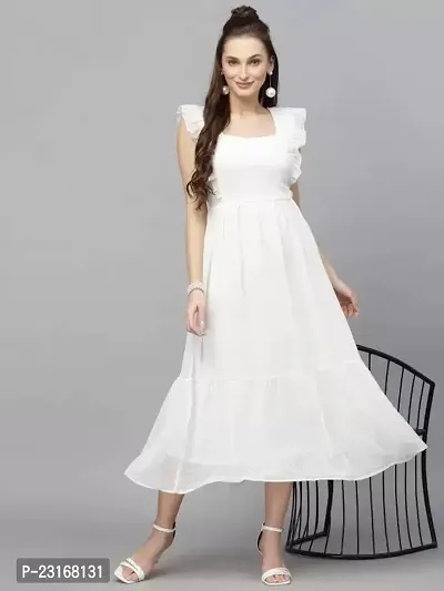 Stylish White Georgette Solid Fit And Flare Dress For Women-thumb0