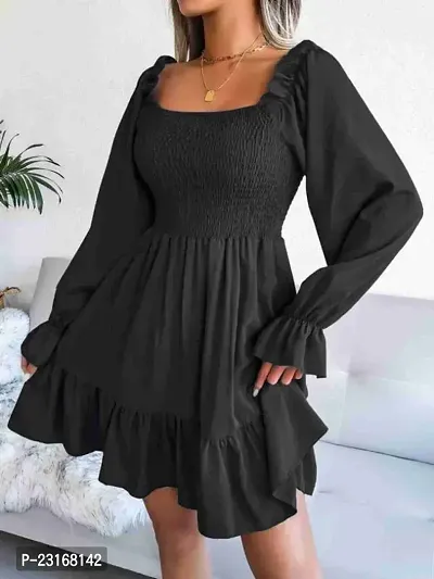 Stylish Black Crepe Solid Fit And Flare Dress For Women-thumb0