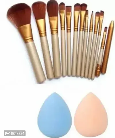 12 Pc Makeup Brush Set + 2 Sponge Puff (Pack Of 14) (Pack Of 14)-thumb0