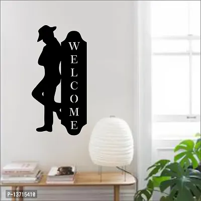 Look Decor Welcome Man Wall Sculptures, Wall Art, Wall Decor, Black wooden art home decor items for Livingroom Bedroom Kitchen Office Wall, Wall Stickers And Murals (29 X 14.5)-thumb0