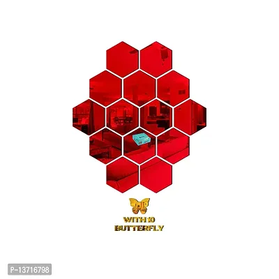 Look Decor 14 Hexagon Red With 10 Butterfly Golden Acrylic Mirror Wall Sticker|Mirror For Wall|Mirror Stickers For Wall|Wall Mirror|Flexible Mirror|3D Mirror Wall Stickers|Wall Sticker Cp-228-thumb2