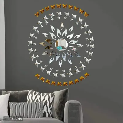 Look Decor Sun Flame 25 Small 25 Large Star Silver With 20 Butterfly Golden Acrylic Mirror Wall Sticker|Mirror For Wall|Mirror Stickers For Wall|Wall Mirror|Flexible Mirror|3D Mirror Wall Stickers|Wall Sticker Cp-191