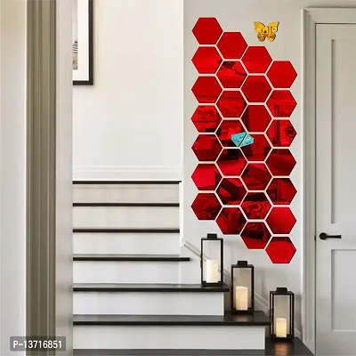 Look Decor 28 Hexagon Red With 10 Butterfly Golden Acrylic Mirror Wall Sticker|Mirror For Wall|Mirror Stickers For Wall|Wall Mirror|Flexible Mirror|3D Mirror Wall Stickers|Wall Sticker Cp-268