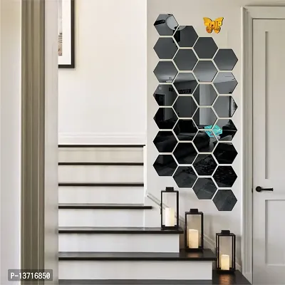 Look Decor 28 Hexagon Black With 10 Butterfly Golden Acrylic Mirror Wall Sticker|Mirror For Wall|Mirror Stickers For Wall|Wall Mirror|Flexible Mirror|3D Mirror Wall Stickers|Wall Sticker Cp-267