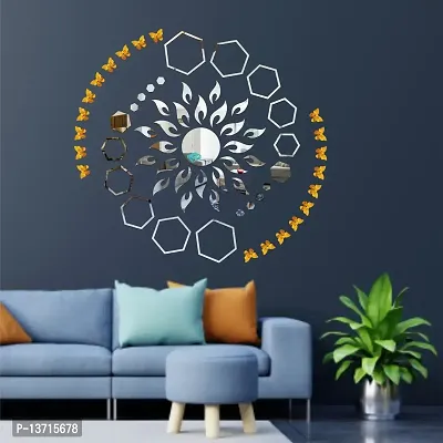 Look Decor Sun Flame 20 Hexagon Shape Silver With 20 Butterfly Golden Acrylic Mirror Wall Sticker|Mirror For Wall|Mirror Stickers For Wall|Wall Mirror|Flexible Mirror|3D Mirror Wall Stickers|Wall Sticker Cp-174