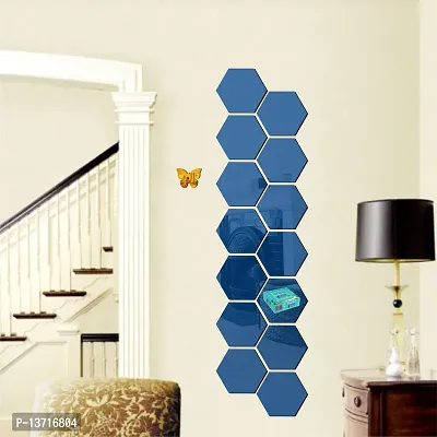 Look Decor 14 Hexagon Blue With 10 Butterfly Golden Acrylic Mirror Wall Sticker|Mirror For Wall|Mirror Stickers For Wall|Wall Mirror|Flexible Mirror|3D Mirror Wall Stickers|Wall Sticker Cp-230