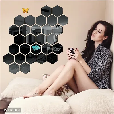Look Decor 28 Hexagon Black With 10 Butterfly Golden Acrylic Mirror Wall Sticker|Mirror For Wall|Mirror Stickers For Wall|Wall Mirror|Flexible Mirror|3D Mirror Wall Stickers|Wall Sticker Cp-273