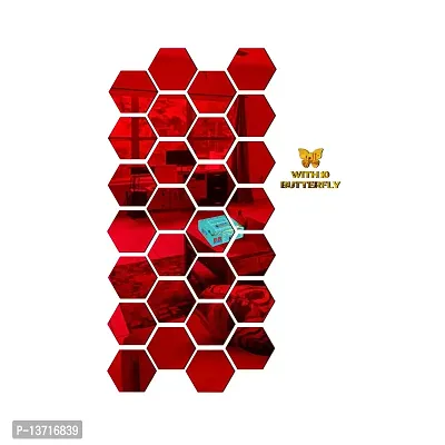 Look Decor 28 Hexagon Red With 10 Butterfly Golden Acrylic Mirror Wall Sticker|Mirror For Wall|Mirror Stickers For Wall|Wall Mirror|Flexible Mirror|3D Mirror Wall Stickers|Wall Sticker Cp-256-thumb2