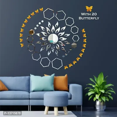 Look Decor Sun Flame 20 Hexagon Shape Silver With 20 Butterfly Golden Acrylic Mirror Wall Sticker|Mirror For Wall|Mirror Stickers For Wall|Wall Mirror|Flexible Mirror|3D Mirror Wall Stickers|Wall Sticker Cp-174-thumb3