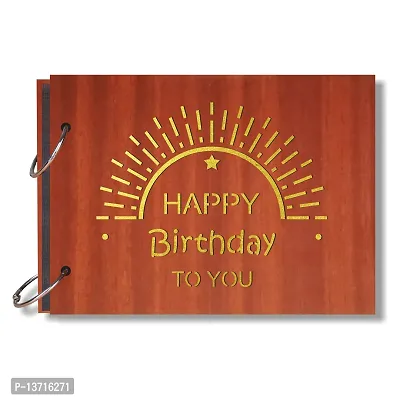 Look Decor Happy Birthday Sun Artworks Wooden Photo Album Scrap Book With 10 Butterfly 3D Acrylic Sticker 40 Pages Plus 2 Glitter Golden Paper Sheets - Size (22 cm x 16 cm) Gift Item-thumb0