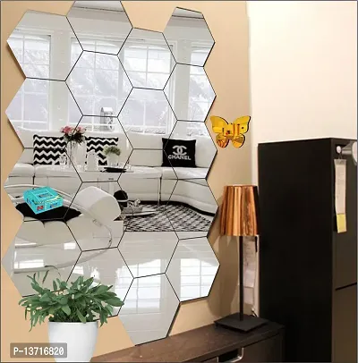 Look Decor 20 Hexagon Silver With 10 Butterfly Golden Acrylic Mirror Wall Sticker|Mirror For Wall|Mirror Stickers For Wall|Wall Mirror|Flexible Mirror|3D Mirror Wall Stickers|Wall Sticker Cp-239