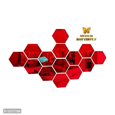 Look Decor 14 Hexagon Red 10 Butterfly Acrylic Mirror Wall Sticker|Mirror For Wall|Mirror Stickers For Wall|Wall Mirror|Flexible Mirror|3D Mirror Wall Stickers|Wall Sticker Cp-508-thumb3