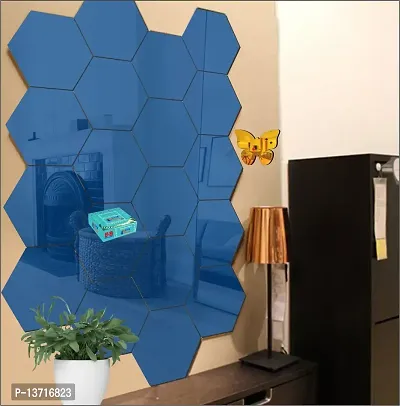 Look Decor 20 Hexagon Blue With 10 Butterfly Golden Acrylic Mirror Wall Sticker|Mirror For Wall|Mirror Stickers For Wall|Wall Mirror|Flexible Mirror|3D Mirror Wall Stickers|Wall Sticker Cp-242
