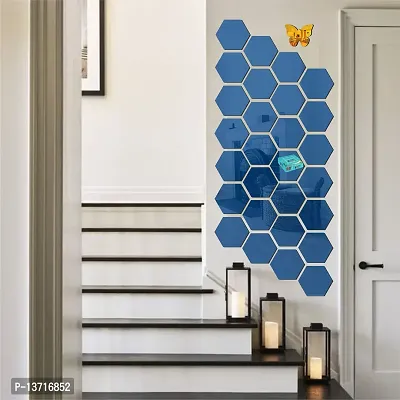 Look Decor 28 Hexagon Blue With 10 Butterfly Golden Acrylic Mirror Wall Sticker|Mirror For Wall|Mirror Stickers For Wall|Wall Mirror|Flexible Mirror|3D Mirror Wall Stickers|Wall Sticker Cp-269