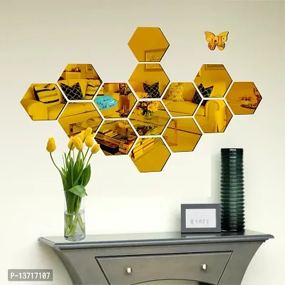 Look Decor 14 Hexagon Golden 10 Butterfly Acrylic Mirror Wall Sticker|Mirror For Wall|Mirror Stickers For Wall|Wall Mirror|Flexible Mirror|3D Mirror Wall Stickers|Wall Sticker Cp-507