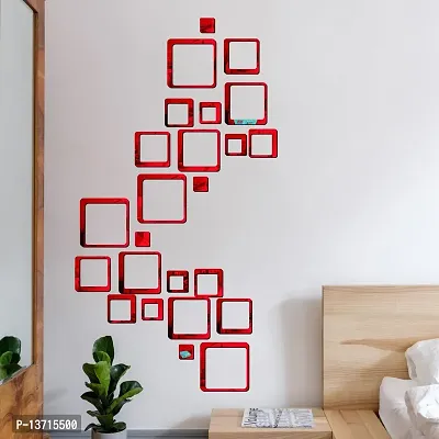 Look Decor 24 Square Red Acrylic Mirror Wall Sticker|Mirror For Wall|Mirror Stickers For Wall|Wall Mirror|Flexible Mirror|3D Mirror Wall Stickers|Wall Sticker Cp-38