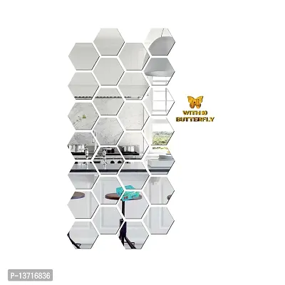 Look Decor 28 Hexagon Silver With 10 Butterfly Golden Acrylic Mirror Wall Sticker|Mirror For Wall|Mirror Stickers For Wall|Wall Mirror|Flexible Mirror|3D Mirror Wall Stickers|Wall Sticker Cp-254-thumb2