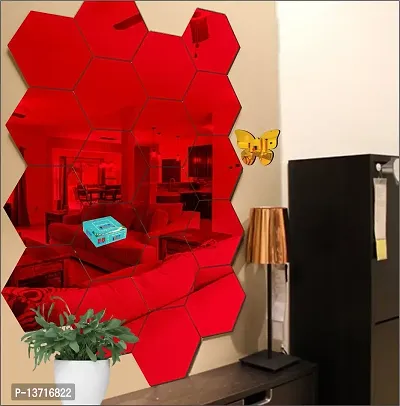 Look Decor 20 Hexagon Red With 10 Butterfly Golden Acrylic Mirror Wall Sticker|Mirror For Wall|Mirror Stickers For Wall|Wall Mirror|Flexible Mirror|3D Mirror Wall Stickers|Wall Sticker Cp-241