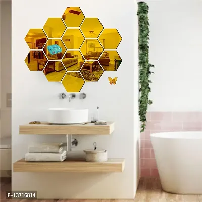 Look Decor 14 Hexagon With 10 Butterfly Golden Acrylic Mirror Wall Sticker|Mirror For Wall|Mirror Stickers For Wall|Wall Mirror|Flexible Mirror|3D Mirror Wall Stickers|Wall Sticker Cp-234-thumb0