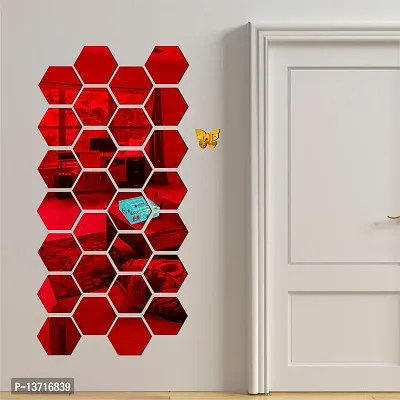 Look Decor 28 Hexagon Red With 10 Butterfly Golden Acrylic Mirror Wall Sticker|Mirror For Wall|Mirror Stickers For Wall|Wall Mirror|Flexible Mirror|3D Mirror Wall Stickers|Wall Sticker Cp-256