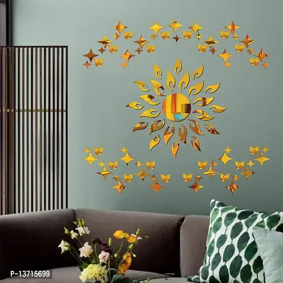 Look Decor Sun Flame 25 Small 25 Large Star With 20 Butterfly Golden Acrylic Mirror Wall Sticker|Mirror For Wall|Mirror Stickers For Wall|Wall Mirror|Flexible Mirror|3D Mirror Wall Stickers|Wall Sticker Cp-192