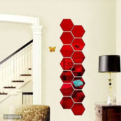 Look Decor 14 Hexagon Red With 10 Butterfly Golden Acrylic Mirror Wall Sticker|Mirror For Wall|Mirror Stickers For Wall|Wall Mirror|Flexible Mirror|3D Mirror Wall Stickers|Wall Sticker Cp-231