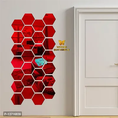 Look Decor 28 Hexagon Red With 10 Butterfly Golden Acrylic Mirror Wall Sticker|Mirror For Wall|Mirror Stickers For Wall|Wall Mirror|Flexible Mirror|3D Mirror Wall Stickers|Wall Sticker Cp-256-thumb3