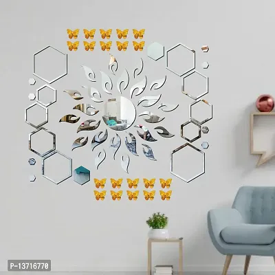 Look Decor Sun Flame 20 Hexagon Shape Silver With 20 Butterfly Golden Acrylic Mirror Wall Sticker|Mirror For Wall|Mirror Stickers For Wall|Wall Mirror|Flexible Mirror|3D Mirror Wall Stickers|Wall Sticker Cp-204