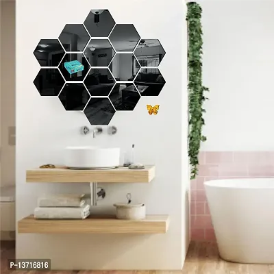 Look Decor 14 Hexagon Black With 10 Butterfly Golden Acrylic Mirror Wall Sticker|Mirror For Wall|Mirror Stickers For Wall|Wall Mirror|Flexible Mirror|3D Mirror Wall Stickers|Wall Sticker Cp-236