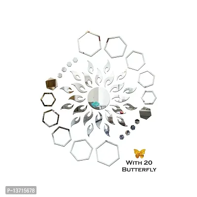 Look Decor Sun Flame 20 Hexagon Shape Silver With 20 Butterfly Golden Acrylic Mirror Wall Sticker|Mirror For Wall|Mirror Stickers For Wall|Wall Mirror|Flexible Mirror|3D Mirror Wall Stickers|Wall Sticker Cp-174-thumb2
