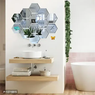 Look Decor 14 Hexagon Silver With 10 Butterfly Golden Acrylic Mirror Wall Sticker|Mirror For Wall|Mirror Stickers For Wall|Wall Mirror|Flexible Mirror|3D Mirror Wall Stickers|Wall Sticker Cp-235