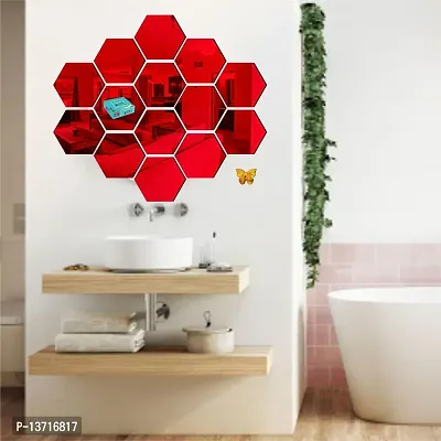 Look Decor 14 Hexagon Red With 10 Butterfly Golden Acrylic Mirror Wall Sticker|Mirror For Wall|Mirror Stickers For Wall|Wall Mirror|Flexible Mirror|3D Mirror Wall Stickers|Wall Sticker Cp-237