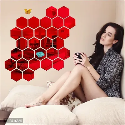 Look Decor 28 Hexagon Red With 10 Butterfly Golden Acrylic Mirror Wall Sticker|Mirror For Wall|Mirror Stickers For Wall|Wall Mirror|Flexible Mirror|3D Mirror Wall Stickers|Wall Sticker Cp-272