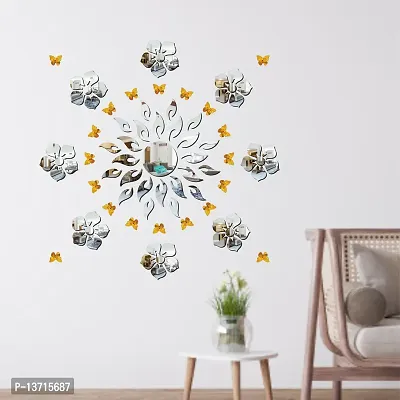 Look Decor Sun Flame 8 Flower Silver With 20 Butterfly Golden Acrylic Mirror Wall Sticker|Mirror For Wall|Mirror Stickers For Wall|Wall Mirror|Flexible Mirror|3D Mirror Wall Stickers|Wall Sticker Cp-181