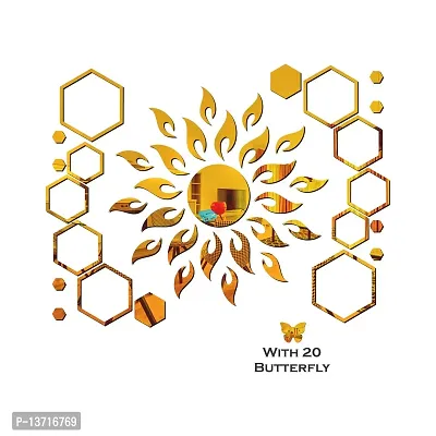 Look Decor Sun Flame 20 Hexagon Shape With 20 Butterfly Golden Acrylic Mirror Wall Sticker|Mirror For Wall|Mirror Stickers For Wall|Wall Mirror|Flexible Mirror|3D Mirror Wall Stickers|Wall Sticker Cp-203-thumb2