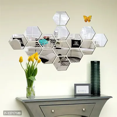 Look Decor 14 Hexagon Silver 10 Butterfly Acrylic Mirror Wall Sticker|Mirror For Wall|Mirror Stickers For Wall|Wall Mirror|Flexible Mirror|3D Mirror Wall Stickers|Wall Sticker Cp-509