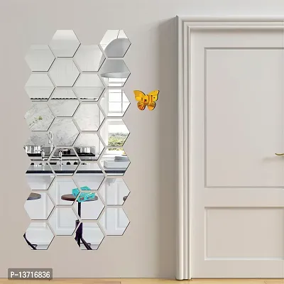 Look Decor 28 Hexagon Silver With 10 Butterfly Golden Acrylic Mirror Wall Sticker|Mirror For Wall|Mirror Stickers For Wall|Wall Mirror|Flexible Mirror|3D Mirror Wall Stickers|Wall Sticker Cp-254