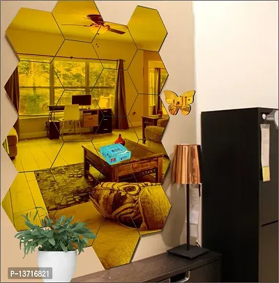 Look Decor 20 Hexagon With 10 Butterfly Golden Acrylic Mirror Wall Sticker|Mirror For Wall|Mirror Stickers For Wall|Wall Mirror|Flexible Mirror|3D Mirror Wall Stickers|Wall Sticker Cp-240