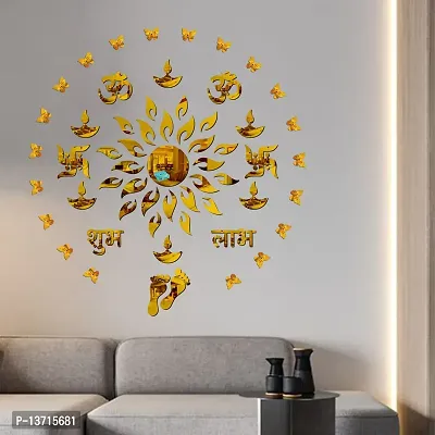 Look Decor Sun Flame 14 Om Swastik With 20 Butterfly Golden Acrylic Mirror Wall Sticker|Mirror For Wall|Mirror Stickers For Wall|Wall Mirror|Flexible Mirror|3D Mirror Wall Stickers|Wall Sticker Cp-176-thumb0
