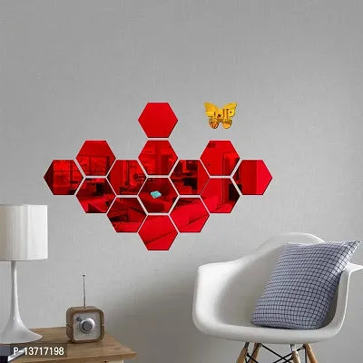 Look Decor 14 Hexagon Red-Cp61 Acrylic Mirror Wall Sticker|Mirror For Wall|Mirror Stickers For Wall|Wall Mirror|Flexible Mirror|3D Mirror Wall Stickers|Wall Sticker Cp-587