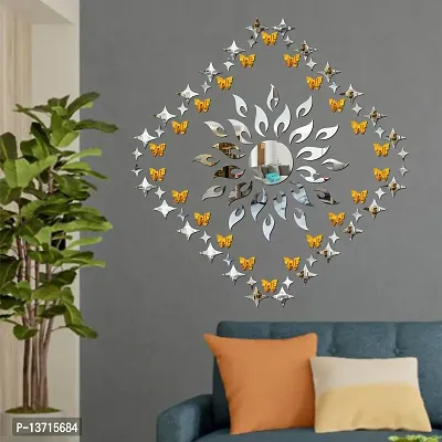 Look Decor Sun Flame 25 Small 25 Large Star Silver With 20 Butterfly Golden Acrylic Mirror Wall Sticker|Mirror For Wall|Mirror Stickers For Wall|Wall Mirror|Flexible Mirror|3D Mirror Wall Stickers|Wall Sticker Cp-179