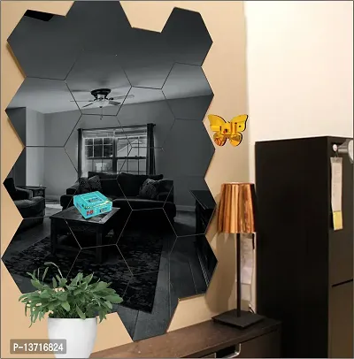 Look Decor 20 Hexagon Black With 10 Butterfly Golden Acrylic Mirror Wall Sticker|Mirror For Wall|Mirror Stickers For Wall|Wall Mirror|Flexible Mirror|3D Mirror Wall Stickers|Wall Sticker Cp-243
